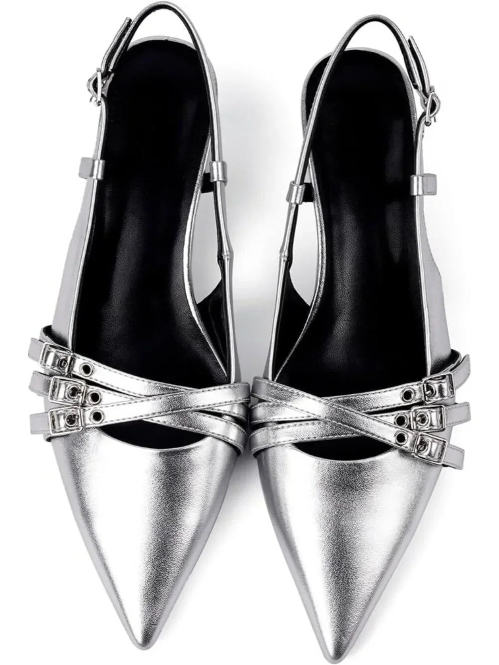 Women's Silver Slingback Kitten Pointed Toe Pump Low Stiletto Heels Shoes
